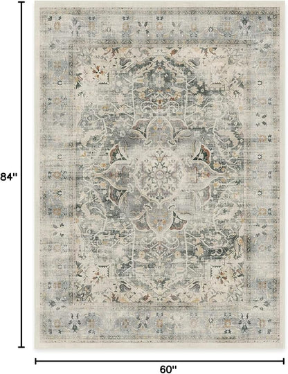 RUGGABLE Washable Vintage Area Rug – Sarrah Sage 5x7, Stain-Resistant, Non-Slip – Medium Machine Washable Rugs for Living Room, Bedroom, Hallway, Entryway & Office–with Standard Pad