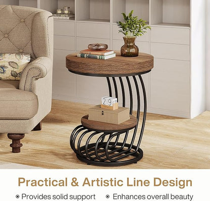Tribesigns Round End Table Set of 2, 2-Tier Farmhose Wood Side Table with Shelf Storage, Small Sofa Side Bedside Nightstand, Accent Furniture for Living Room, Light Brown