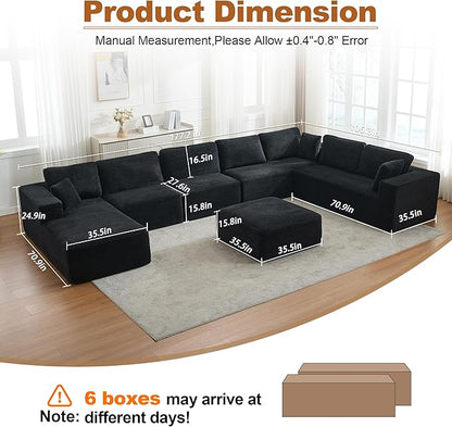 Modular Sectional Cloud Couch for Living Room,Modern Boneless Couche Set with Plush Corduroy,Comfy Floor Sofa with Memory Foam,Stupendous U Shaped Sofa with Ottoman,No Assembly Required,Black