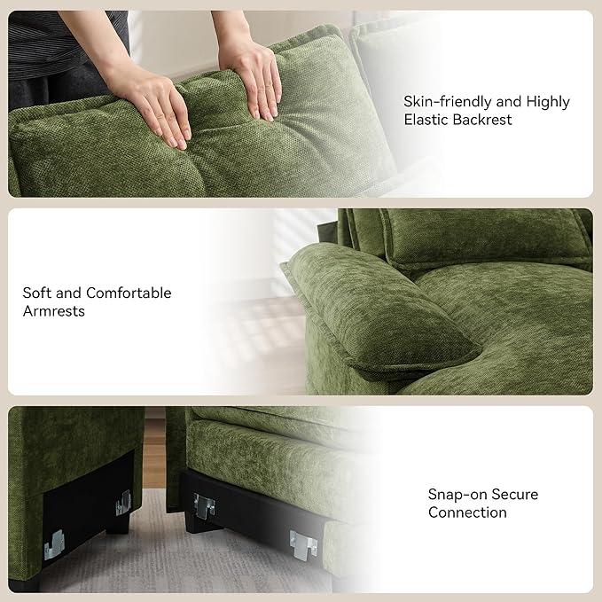 U Shaped Sectional Sofa with Storage Console, Cup Holders & USB Ports, Small Modular Cloud Couch with Deep Seats, Modern Comfy Living Room Sofa for Apartment, Chenille Green