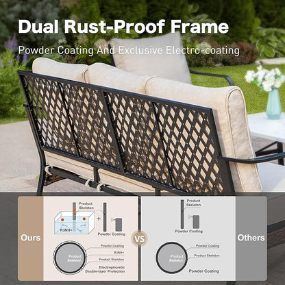 5 Piece Metal Outdoor Patio Furniture Set, Patio Conversation Sets 3-Seater Sofa, 2-Seater Sofa, 2 Swivel Chair with 5.75" Thick Cushion & Coffee Table Black Backyard Furniture, Beige
