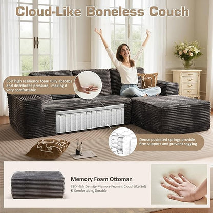 Oversized U Shaped Boneless Sectional Cloud Couch, 133.1'' Modular Sofa with Chaise, Deep Seat Plush Corduroy Couches for Living Room, No Assembly Required,Plush Corduroy,Gray