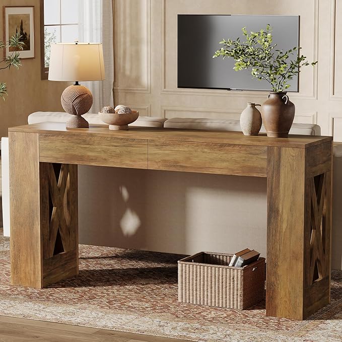 Tribesigns 63-Inch Long Console Table, Farmhouse Entryway Table with 2 Drawers and X-Shaped Legs, Narrow Sofa Furniture Behind The Couch for Entrance, Hallway, Living Room, Warm Brown