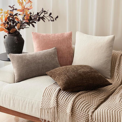 Foindtower Pack of 2 Textured Chenille Throw Decorative Pillow Covers Square Accent Solid Cushion Cover Neutral Farmhouse Pillow Case for Couch Sofa Bedroom Living Room 16x16 Inch,Dusty Pink