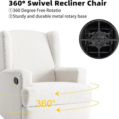 Boucle Swivel Glider Recliner Chairs Set of 2 for Adults - Plush High Back Rockers with Deep Seat, Coordinating Manual Recliners for Living Room, Luxury Upholstered Armchairs-White