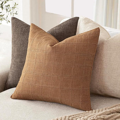 Foindtower Set of 2 Decorative Linen Check Throw Pillow Covers Neutral Farmhouse Vintage Cushion Covers Modern Boho Home Decor for Sofa Chair Couch Bedroom Living Room,22×22 Inch,Brick