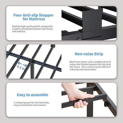 ROIL 12 inch Full Size Bed Frame with Headboard Hole and Round Corner Legs Mattress Retainers 3500LBS Heavy Duty Steel Slats No Box Spring Needed Platform Noise-Free Underneath Storage