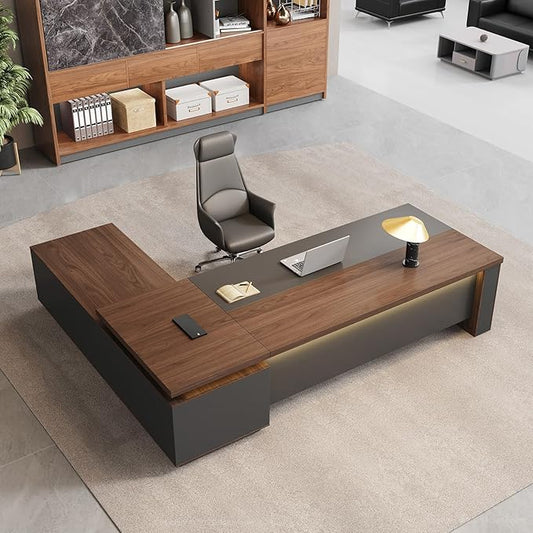 L-Shaped Executive Desk with LED Lights, Lockable Storage & 3-in-1 Charging Station, Reversible Cabinet, Modern Wood Office Desk for CEO, Manager & Home Office(Red Walnut+Black, 95"L*71"W*30"H)