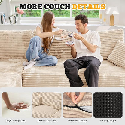 113" Modular Sectional Sofa, Convertible L-Shaped Cloud Couches for Living Room with Ottoman, 4 Seater Corduroy Boneless Couch Sofa Set, No Assembly Required, Khaki 1 PCS