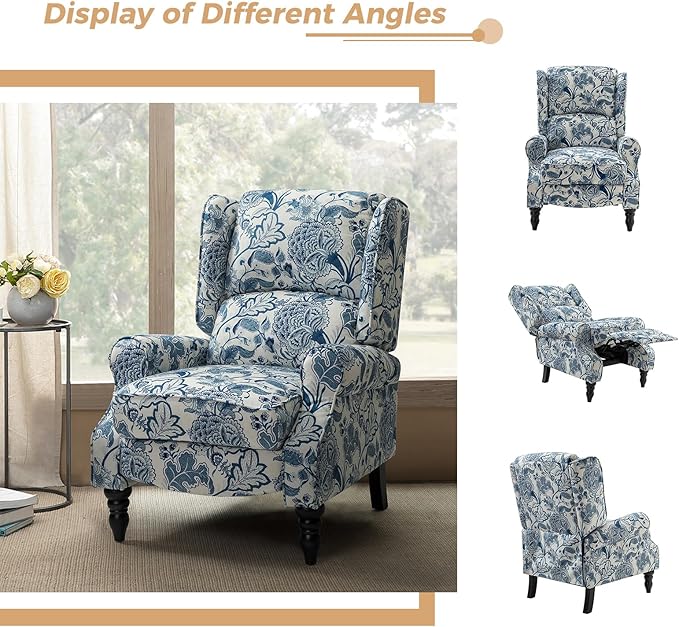 HULALA HOME Upholstered Wingback Recliner Chair, Small Adjustable Footrest Push Back Single Reclining Sofa, Mid Century Modern Lounge Armchair for Living Room, Bedroom, Reading/Jacobean