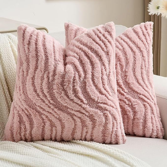 FUTEI Pink Decorative Throw Pillow Covers 20x20 Inch Set of 2,Soft Faux Fur Geometric Shapes Texture Cushion Case,Boho Home Decor for Couch Bed Living Room