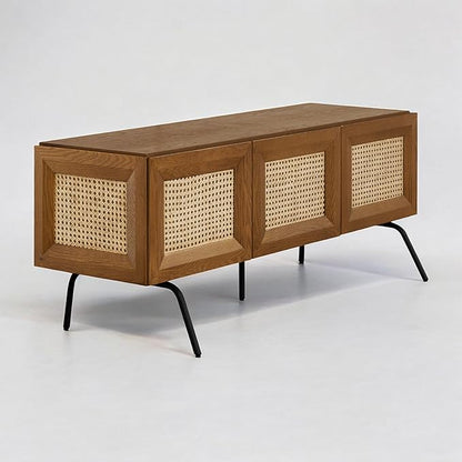 NTC Mossic TV Media Cabinet with 3 Doors for TVs, Entertainment Center with Natural Rattan, Metal Legs, Modern Storage Console for Living Room and Bedroom, Effortless Assembly, Rustic Oak