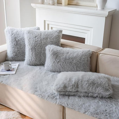 Neelvin Light Grey Faux Fur Cozy Fluffy Double-Sided Decorative Throw Pillow Covers 12x20 inch Set of 2,Velvet Pillowcase Cushion Case for Sofa Couch