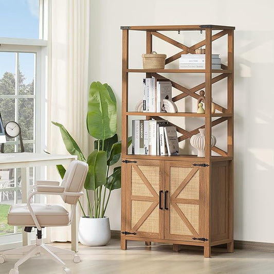 5 Tier Bookshelf 70" Rattan Boho Tall Bookcase with Barn Doors,Large Farmhouse Display Book Shelf with Adjustable Shelves and Storage Cabinet，Wood Bookshelves for Living Room,Kitchen,Natural