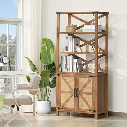5 Tier Bookshelf 70" Rattan Boho Tall Bookcase with Barn Doors,Farmhouse Display Book Shelf with Adjustable Shelves and Storage Cabinet,Wood Bookshelves for Living Room,Kitchen,Natural (2PCS)
