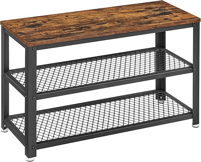 VASAGLE 3-Tier Shoe Rack, Shelf Storage Bench with Metal Mesh Shelves and Seat, Free Standing Shoe Organizer for Entryway, 11.8 x 28.7 x 17.7 Inches, Rustic Brown and Black ULBS73X