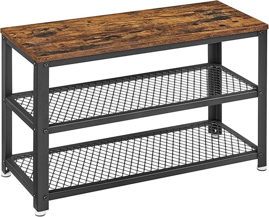 VASAGLE 3-Tier Shoe Rack, Shelf Storage Bench with Metal Mesh Shelves and Seat, Free Standing Shoe Organizer for Entryway, 11.8 x 28.7 x 17.7 Inches, Rustic Brown and Black ULBS73X