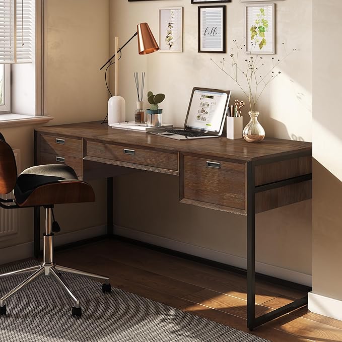 SIMPLIHOME Richmond Desk - 60-Inch Wide Solid Acacia Wood and Metal Writing Desk in Rustic Natural Aged Brown, Modern Industrial Home Office Computer Table with 2 Drawers and Flip-Down Keyboard Tray