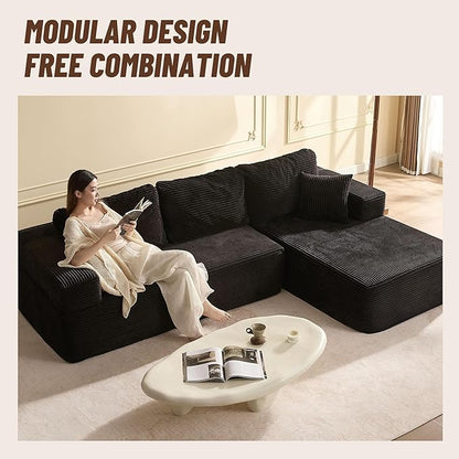 107" Boneless Couch with Deep Seat, Modular Sectional Sofa, Cloud Sectional Couch for Living Room, No Assembly Required, Corduroy, L-Shape Right，Black