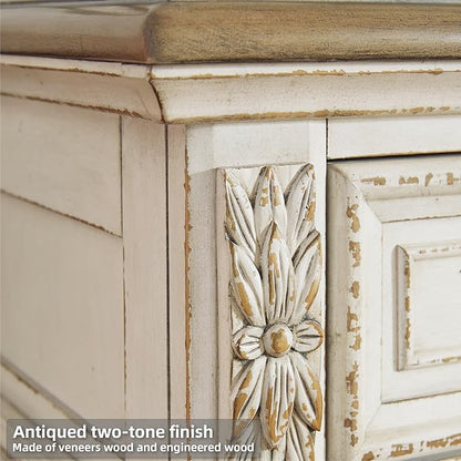 Signature Design by Ashley Realyn French Country 3 Drawer Nightstand with Electrical Outlets & USB Ports, 27.75" Tall, Chipped White