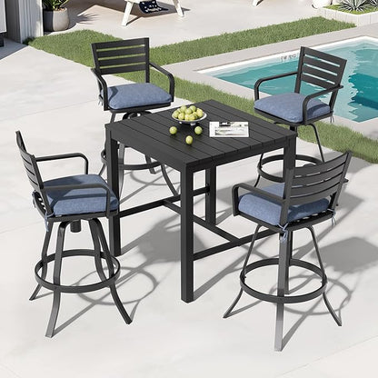 Pellebant Outdoor Bar Stools Set of 4 with Sunbrella Cushion, 29.5" Aluminum Swivel Bar Height Stool Chairs with Back & Footrest, Rust-Proof Patio Bartools for Deck Lawn Garden, Spectrum Denim