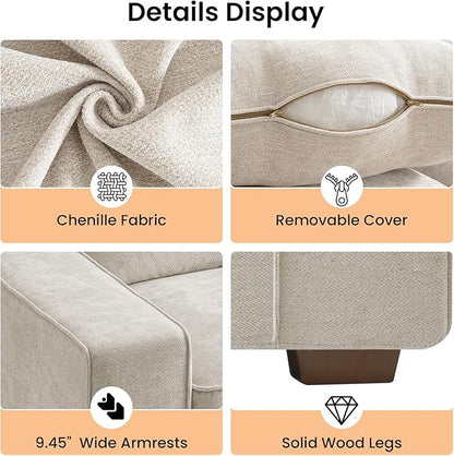 RISAR 88.58" Modern Sofa for Living Room, Chenille Couch with Removable Cover & Spring Cushions, Solid Wood Frame, Easy Assembly for Small Spaces (Beige)
