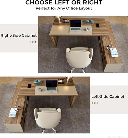 L-Shaped Executive Desk with Lockable Drawers – 79" Modern Large Executive Office Desk with LED, Lateral File Cabinet, Built-In Cable Box, Privacy Panel & Storage Shelves for Home or Business, Left