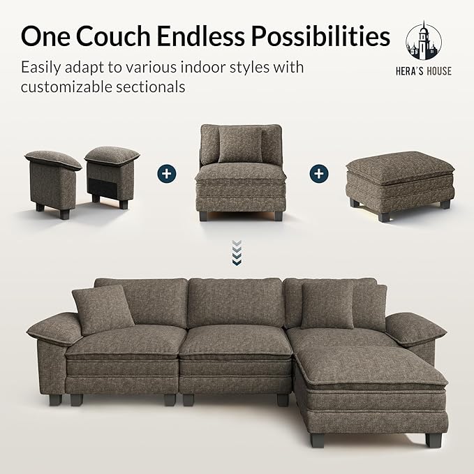 HERA'S HOUSE 54" Modular Sectional Sofa Couches for Living Room, Comfy Cloud Couch 1-Seater Deep Seat Sofa with Throw Pillow, Chenille Ash