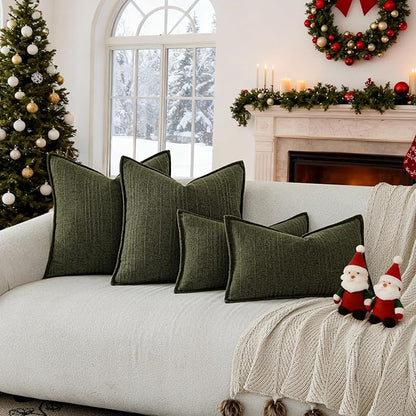 a moment Christmas Linen Pillow Covers Set of 2,Boho Farmhouse Throw Pillowcases Neutral Textured Decorative Covers for Couch Sofa,Soft Linen Blend Accent Case Cushion Home Decor 24"x24"Dark Green