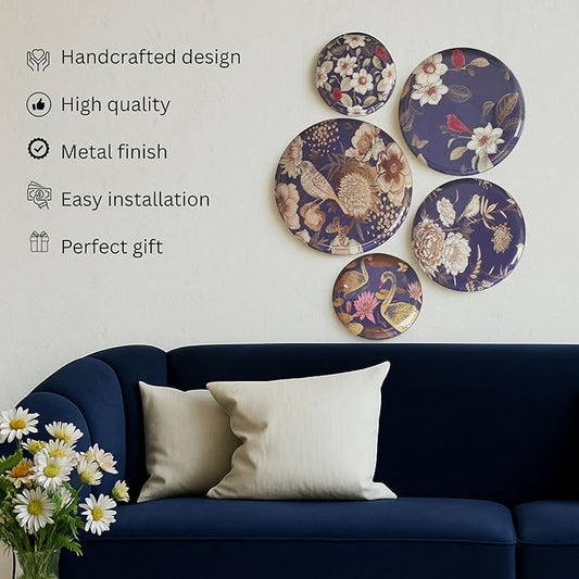 RITUALISTIC Oriental Blooms Iron Wall Art Plates – Set of 5 Decorative Plates | Floral & Nature-Inspired Metal Wall Decor | Elegant Wall Hanging for Bedroom & Home Decor Accent | Christmas gifts