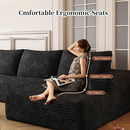 107.5" Compressed Boneless Couch with Ottoman, 2 Seater Large U Shaped Sectional Couches for Living Room, Black Corduroy Cloud Modular Sectional Sofa, Memory Foam, No Assembly，Light Facing Chaise