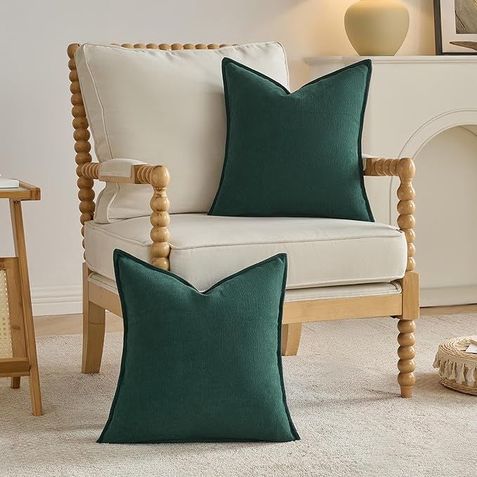 FUTEI Christmas Dark Green Chenille Throw Pillow Covers 24x24 Inch Set of 2,Edges Double-Stitched European Cushion Cases,Modern Home Decor for Couch Living Room