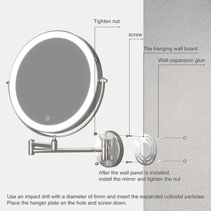 Hasipu 10-Inch Wall Mounted Makeup Mirror with Magnification, Rechargeable 3000 mAh Vanity Mirror with Lights, Bathroom Mirror with Dimmable Brightness, 3 Lighting Modes, Extendable Arm, Nickel