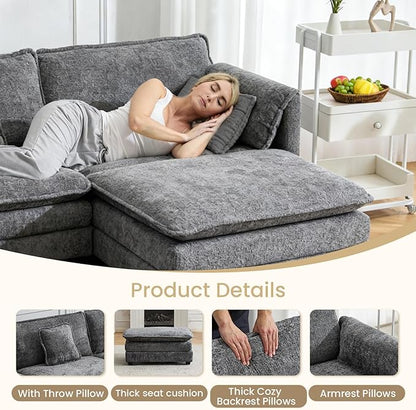 76.2" Modular Sectional Sofa with Movable Ottoman, Deep Seat couches for Living Room, 2 Seater Loveseat Sofa, L Shaped Comfy Cloud Couch with Removable Cover, Armrest Pillow (Grey)