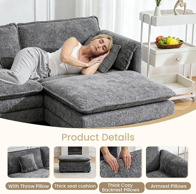 112" Modular Sectional Sofa with Movable Ottoman, L Shaped Couches for Living Room, 3 Seater Comfy Cloud Couch with Removable Cover, Armrest Pillow (Grey)
