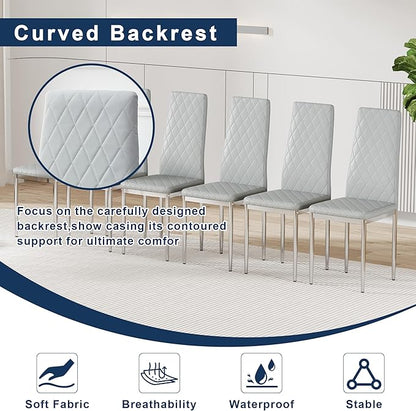 JT Modern Minimalist Dining Chair Fireproof Leather Sprayed Metal Pipe Diamond Grid Pattern Restaurant Home Conference Chair Set of 4 Or 6 (8, Grey)