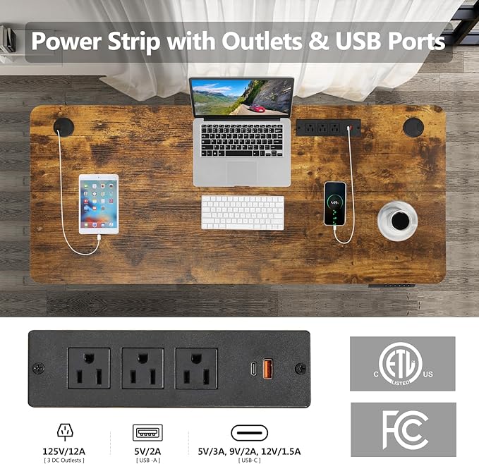 farexon Electric Standing Desk 55 x 24In with Charging Station, Stand up Desk with Oversized Mouse Pad, 2 USB Ports & 3 Power Outlets, 4 Caster, 4 Preset Heights Easy to Set（Brown）