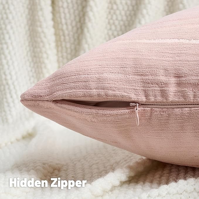 FUTEI Pink Chenille Decorative Throw Pillow Covers 16x16 Inch Set of 2,Soft Embossed Striped Textured Cushion Case,Modern Home Decor for Couch Bed Living Room