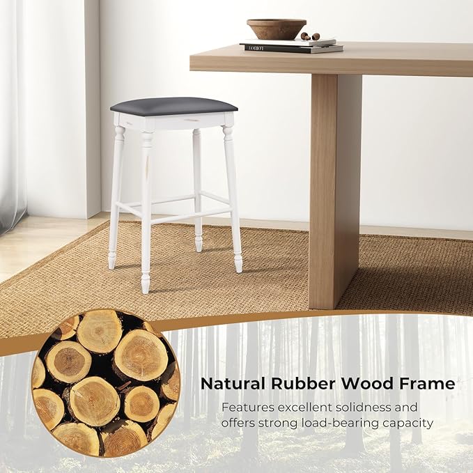 COSTWAY Upholstered Bar Stools Set of 4, 29-Inch Backless Counter Height Dining Stools with Delicate Wood Carving, Footrest, Solid Rubber Wood Frame, Farmhouse BarStools for Kitchen Island Bar, White