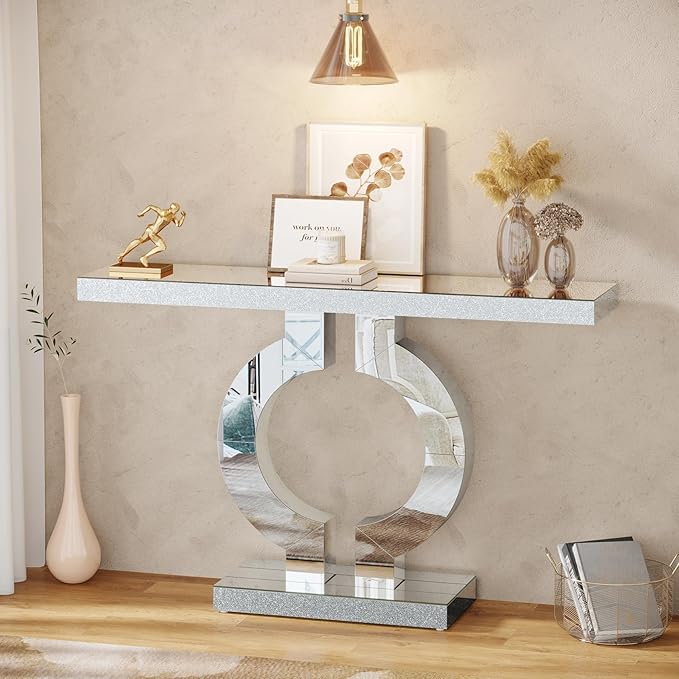 Tribesigns Modern Mirrored Console Table, Glass Sofa Table with Mirror Finish, 43-Inch Entryway Table with O-Shaped Base, Rectangular Accent Foyer Table for Living Room Hallway Entrance (Silver)