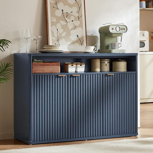 LEYAOYAO Fluted Buffet Cabinet with Storage, 45" Wide Wood Sideboard Credenza with 3 Doors & Open Storage Shelf, Modern Kitchen Console Accent Cabinets, Coffee Bar Table for Dining Room, Dark Blue