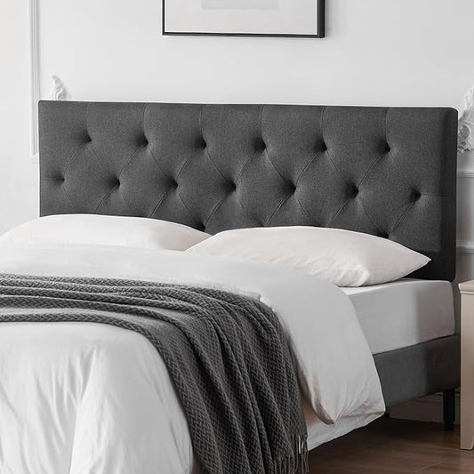 Linen Fabric Upholstered Headboard Queen Size, Modern Diamond Tufting Solid Wood Queen Headboard Only,Adjustable Height from 37” to 51” Head Board, Bed Frame or Wall Mount Headboards, Dark Grey