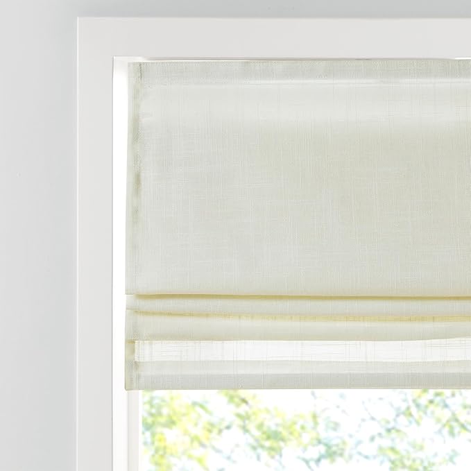 Madison Park Kyler Cordless Roman Shades - Single Panel, Lightweight Linen Blend Fabric, Natural Design, Easy Installation, Light Filtering Window Blind, Bedroom, Living Room Decor 27"W x 64"L Ivory