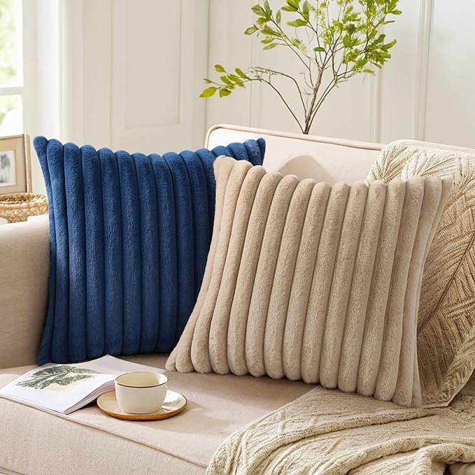 Pallene Faux Fur Plush Throw Pillow Covers 22x22 Set of 2, Luxury Soft Fluffy Striped Decorative Pillow Covers for Sofa, Couch, Living Room, Navy Blue