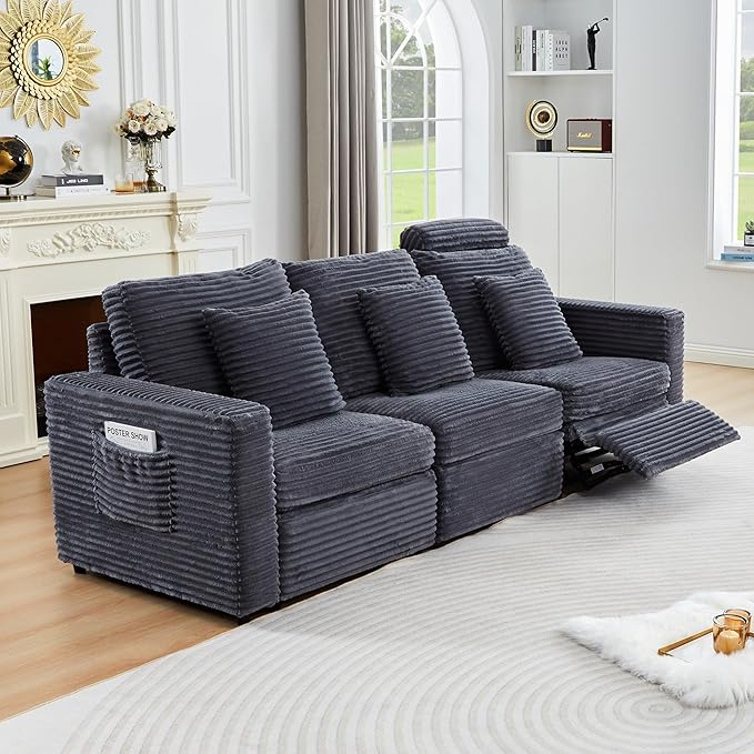 Power Reclining Sectional Sofa, Electric 3 Seat Recliner with 1 Electric Footrest and Adjustable Headrest, Modern Plush Corduroy Fluffy Reclining Sectional with Deep Seat for Living Room-Blue Grey