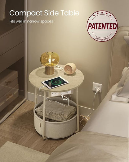 VASAGLE LILEA Collection - Side Table with Charging Station, Round End Table with Fabric Basket, Nightstand with USB Ports, for Living Room, Bedroom, Modern, Cream White ULET228N01