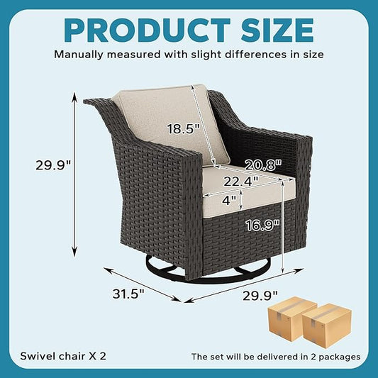 Patio 2 Pieces Wicker Swivel Chairs Set of 2，Outdoor PE Rattan Rocking Glider Armchairs, Water-Resistant Cushions with Removable and Washable Covers, Porch, Balcony, Sunroom (Beige)
