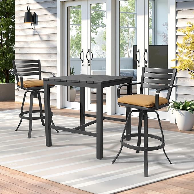 Pellebant Outdoor Bar Stools Set of 4 with Sunbrella Cushion, 29.5" Aluminum Swivel Bar Height Stool Chairs with Back & Footrest, Rust-Proof Patio Bartools for Deck Lawn Garden,Teak