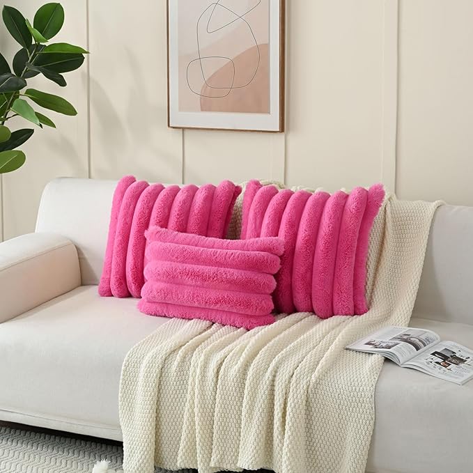 FUTEI Hot Pink Decorative Throw Pillow Covers 12x20 Inch Set of 2, Square Soft Faux Rabbit Fur Thick Striped Lumbar Pillow Case,Winter Home Decor for Couch Bed Living Room