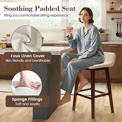 COSTWAY Wooden Bar Stools Set of 2, 29-inch Height Upholstered Padded Seat, Low Backrest, Footrest, Rubber Wood Legs, Armless Bar Chairs for Kitchen Counter Island, Dining Room, Brown+Beige